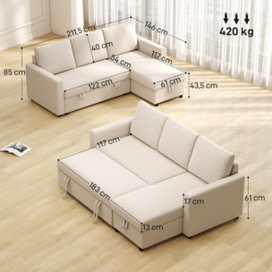 Canapé d'angle 3 places convertible réversible - coffre intégré - garnissage mousse haute densité - tissu beige