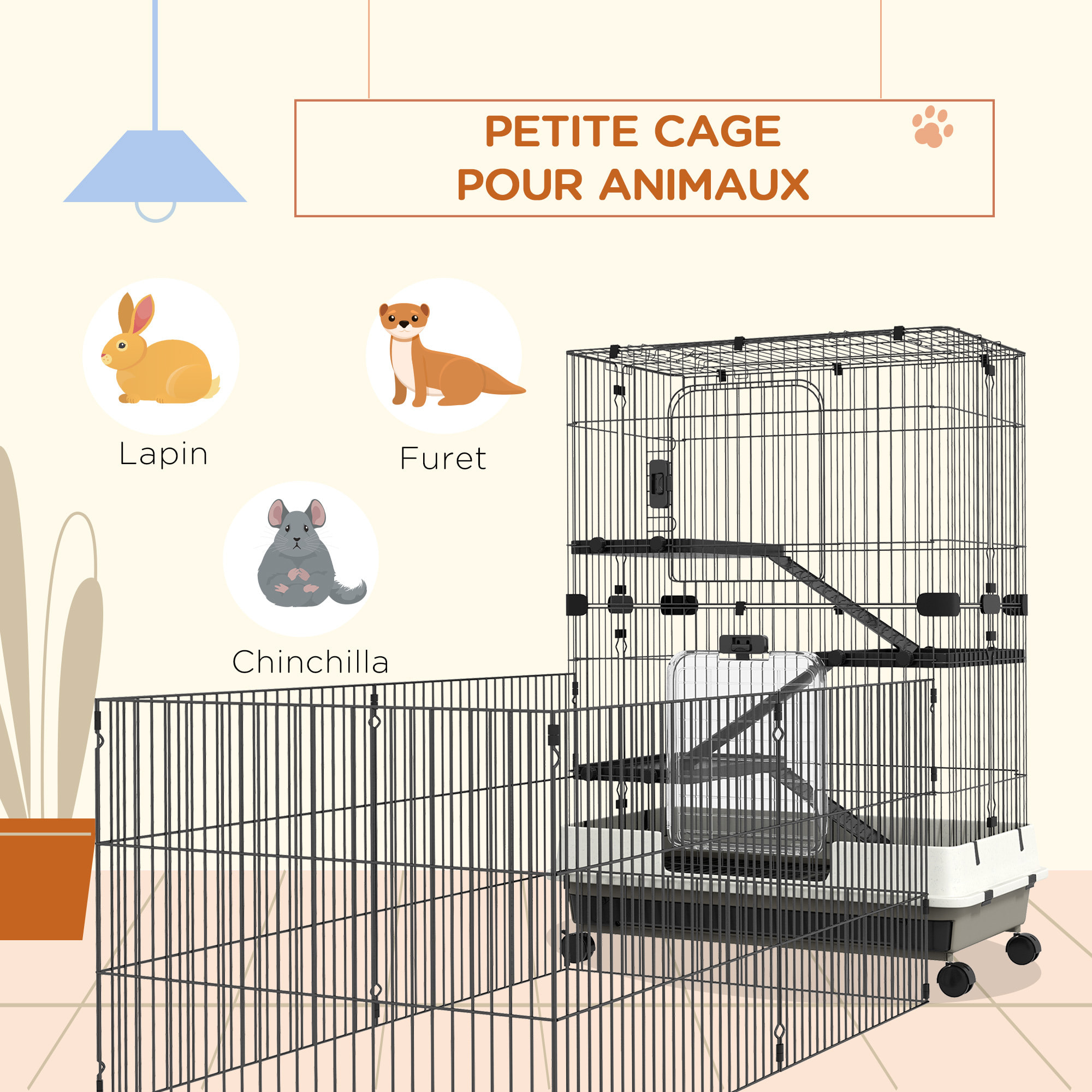 Cage pour petits animaux roulante 3 plates-formes démontables 3 rampes plateau inférieur amovible métal PP 182 x 81 x 114 cm noir