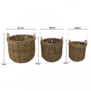 KALLY - Set de 3 paniers de rangement ronds en rotin naturel