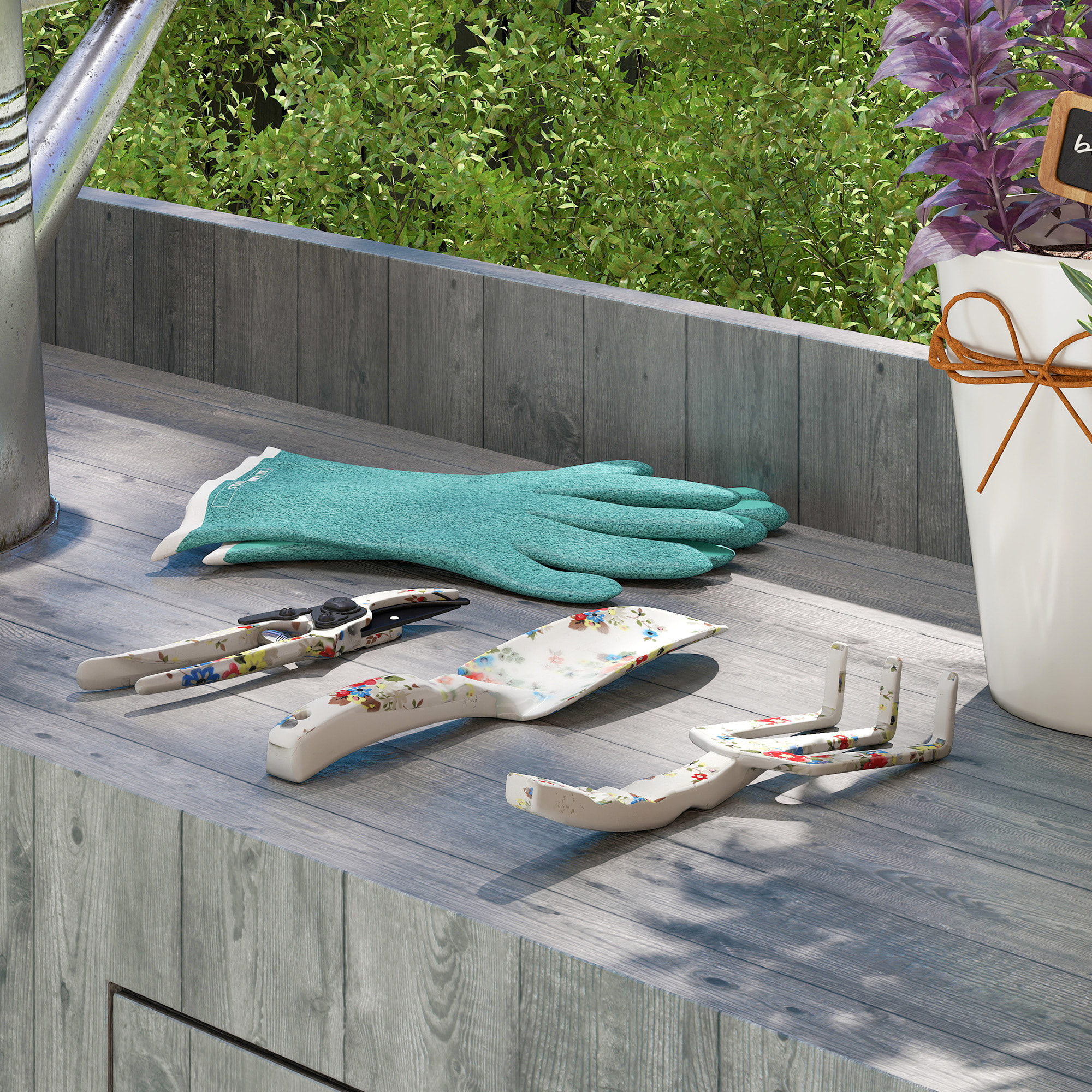 Kit 3 outils de jardin - sécateur, transplantoir, griffe à main - alu métal blanc motif fleurs