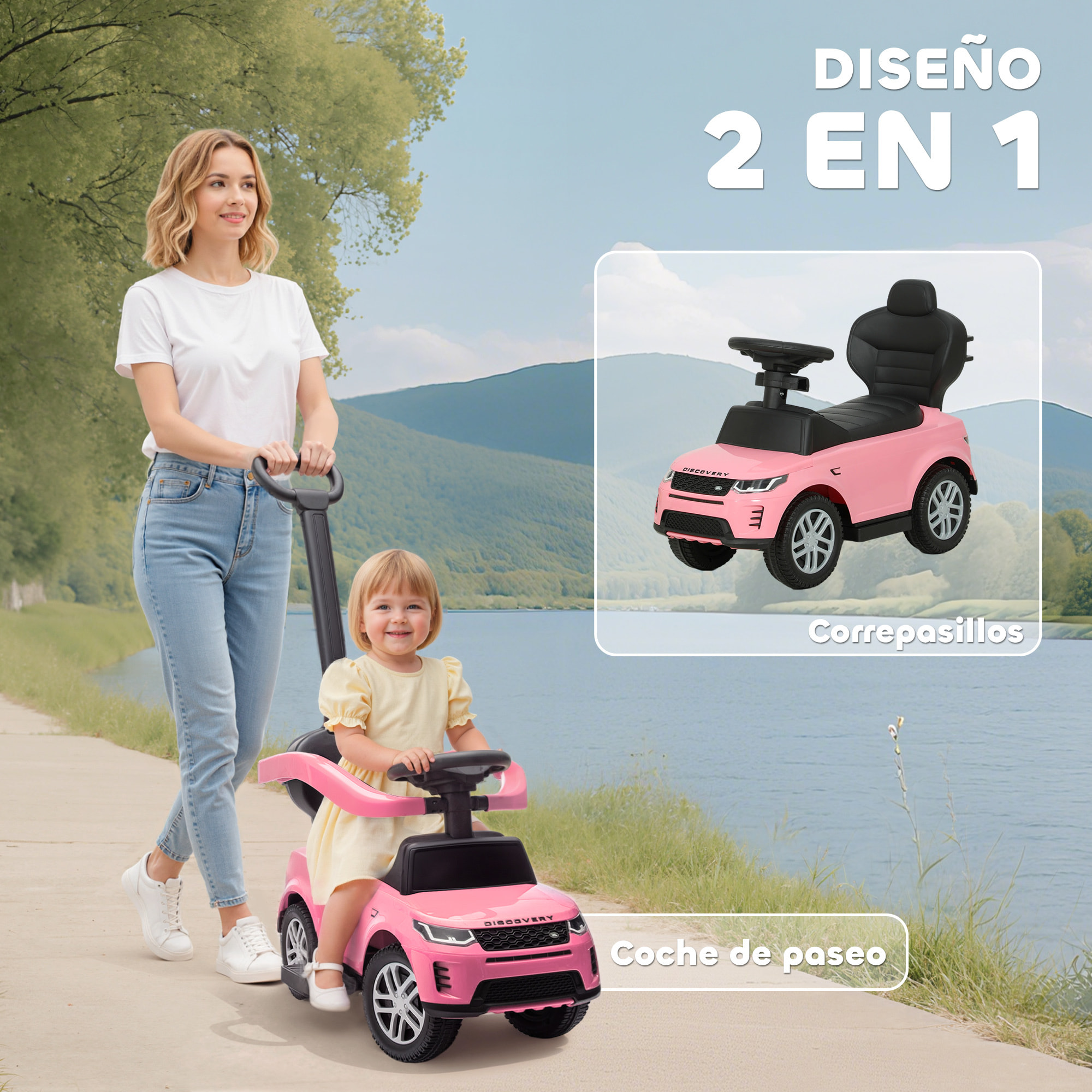 Coche Correpasillos 2 en 1 para Niños de 18-36 Meses LAND ROVER DISCOVERY, Correpasillos con Espacio de Almacenaje, Bocina, Volante, Mango de Empuje y Barandilla Extraíbles, Rosa