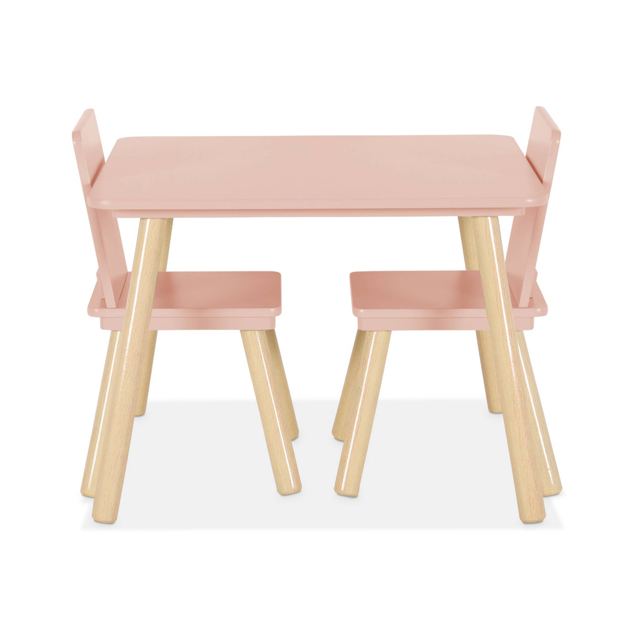 Table carrée enfant avec 2 chaises. pieds en pin. rose