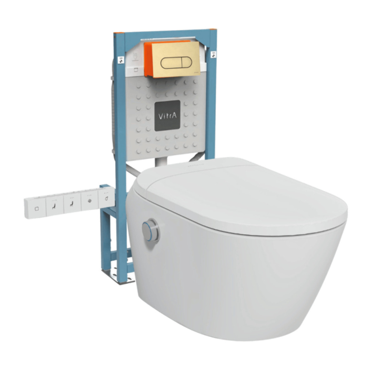 Pack WC lavant suspendu sans bride avec abattant et attentes électriques V-Care Ultra blanc + bâti autoportant V-Fix Easy + plaque or brossé