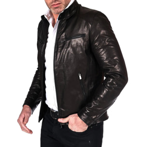 Giacca biker in pelle nera vegetale effetto lavato