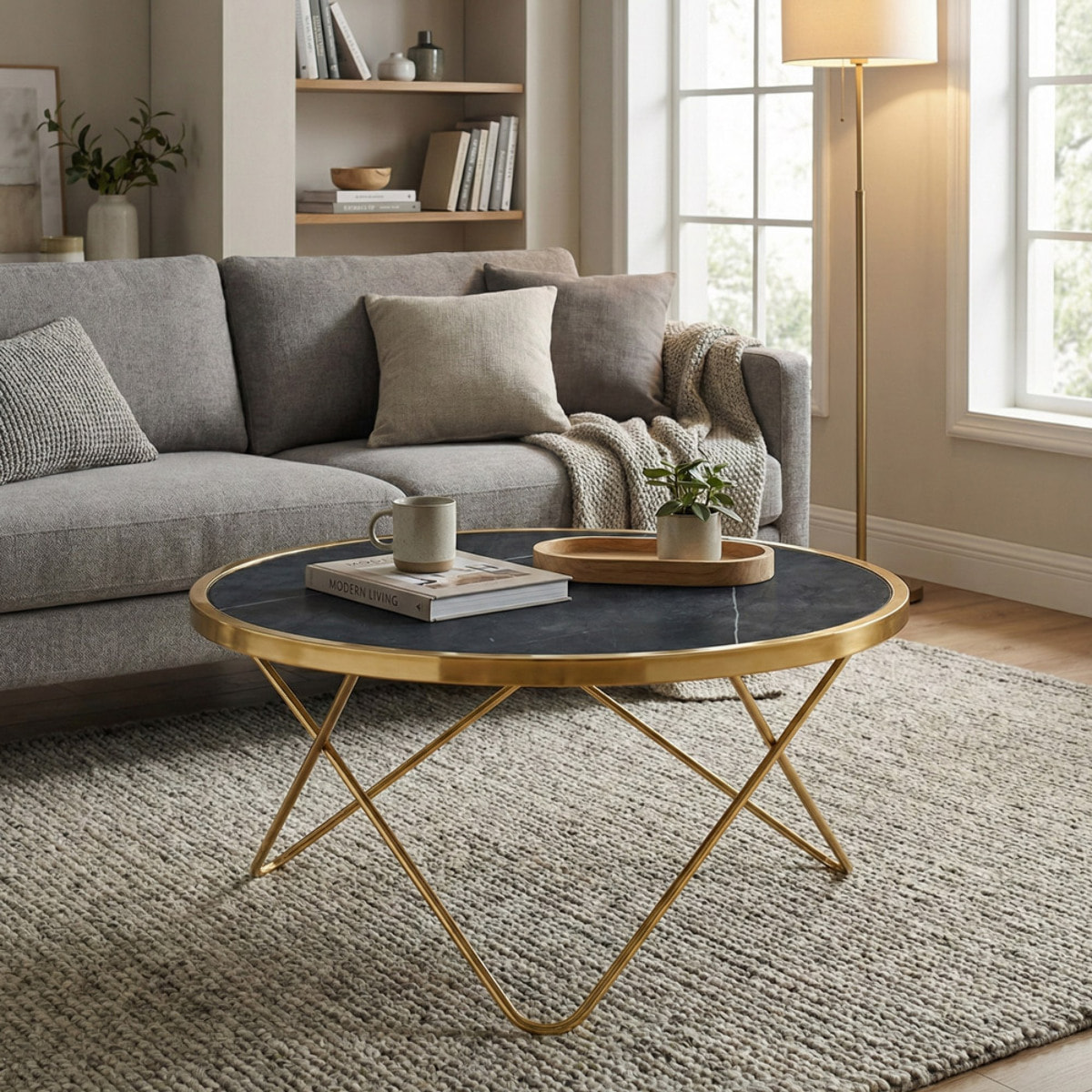 Tavolino tondo con struttura dorata e top effetto marmo grigio chiaro - Izmo