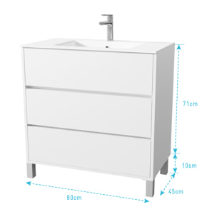Pack Meuble Salle de Bains 80 cm Laqué Blanc, 3 tiroirs avec Vasque Céramique - XENOS