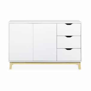 Buffet de rangement blanc. pieds bois - Floki - avec 3 tiroirs. buffet 2 portes. buffet bas. 120x40x75 cm