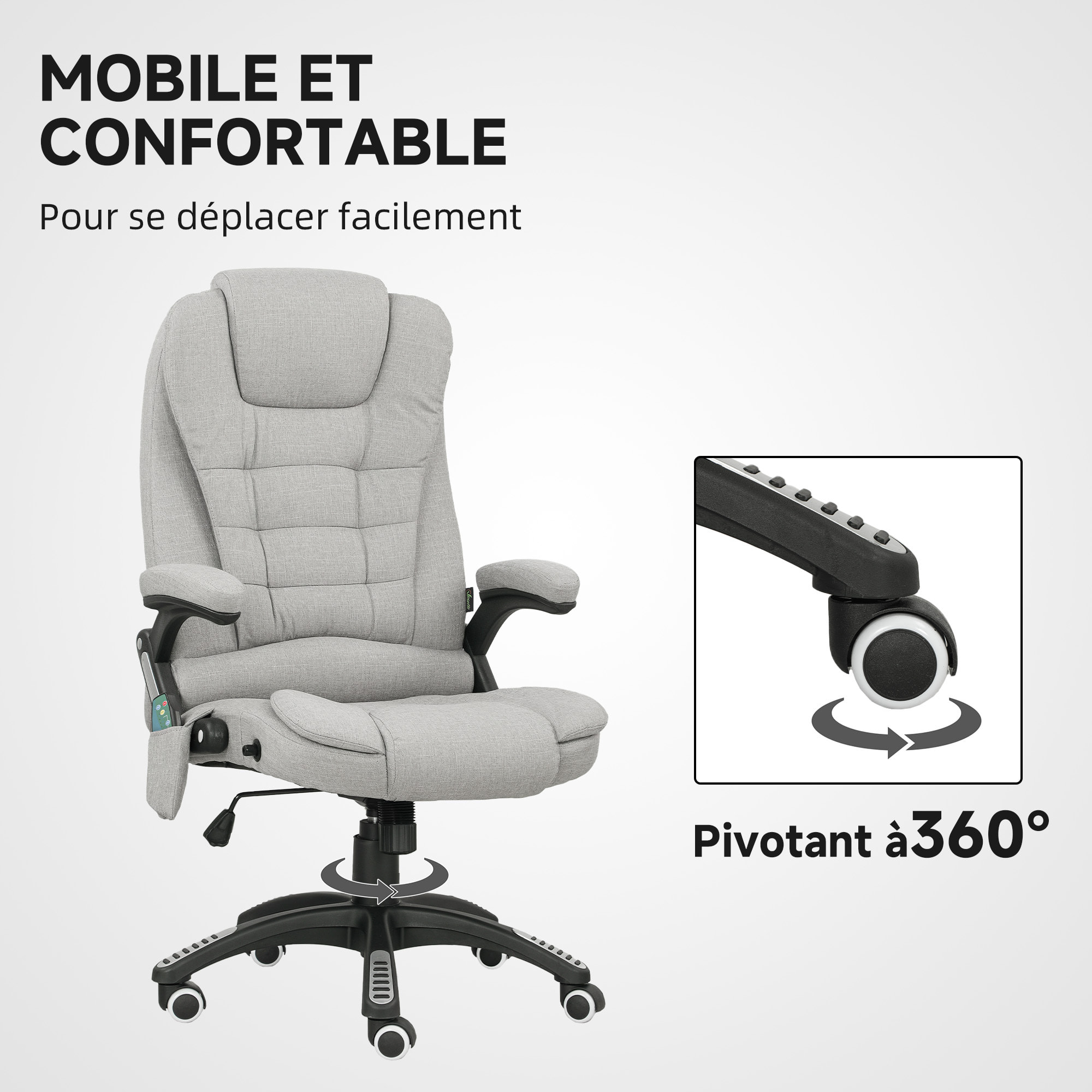 Fauteuil de bureau direction massant chauffant hauteur réglable dossier inclinable toile de lin gris clair