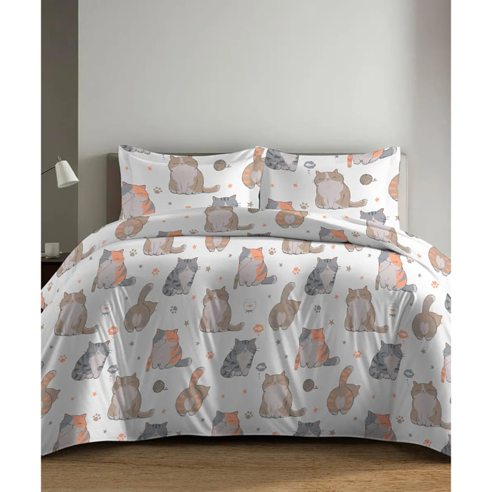 Parure Copripiumino Gatti per letto singolo in 100% Cotone e Made in Italy, gattini divertenti