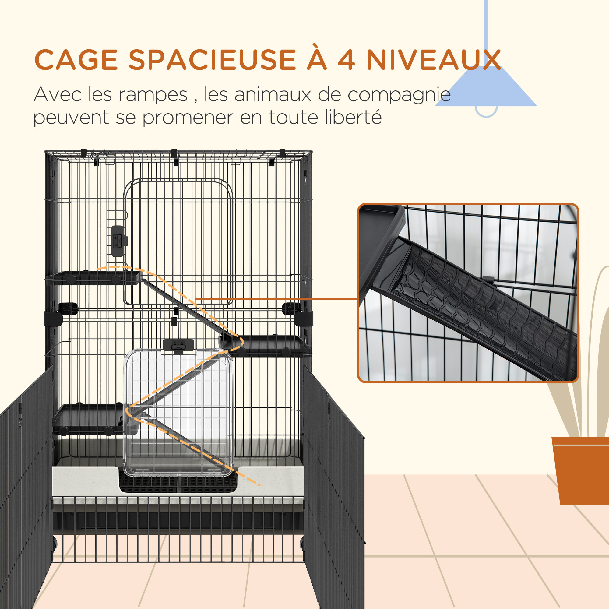 Cage pour petits animaux roulante 3 plates-formes démontables 3 rampes plateau inférieur amovible métal PP 182 x 81 x 114 cm noir