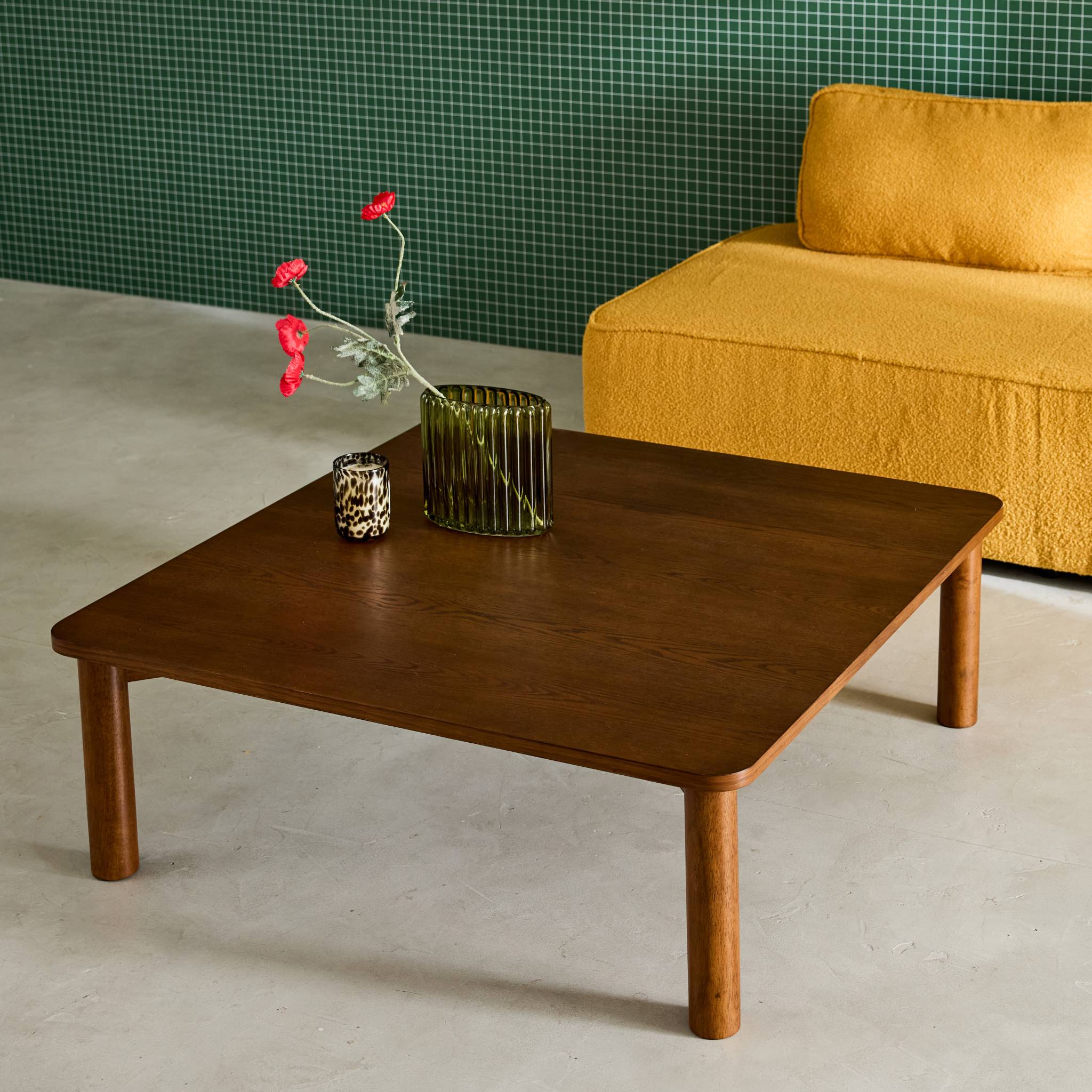 Table basse carrée bois d'hévéa placage chêne noyer - 100 x 100 x 35 cm - Solène