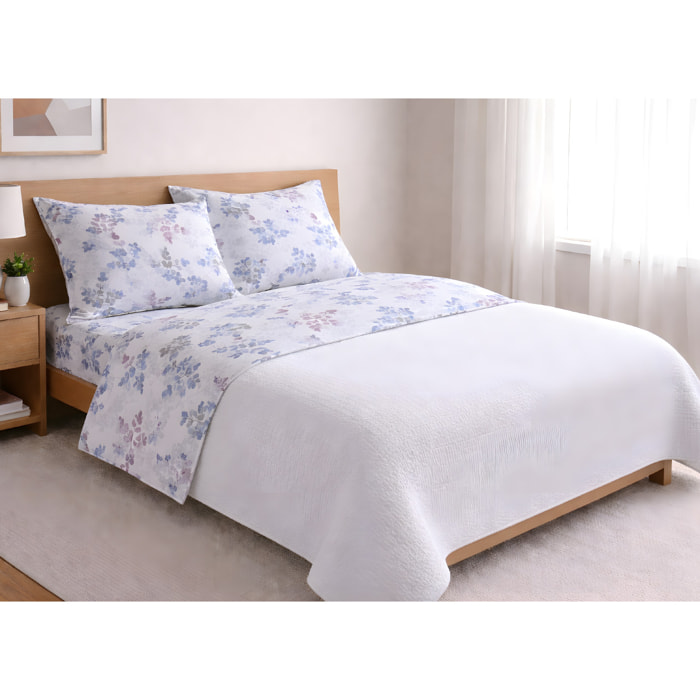 Completo Lenzuola 100% Cotone Made in Italy Fantasia Floreale Disegno Petalo Azzurro