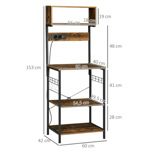 Estantería de Cocina con 2 Cargadores USB Estantería para Microondas Mueble Auxiliar de Cocina con Toma de Corriente 5 Ganchos y Estante Ajustable 60x42x153 cm Marrón Rústico