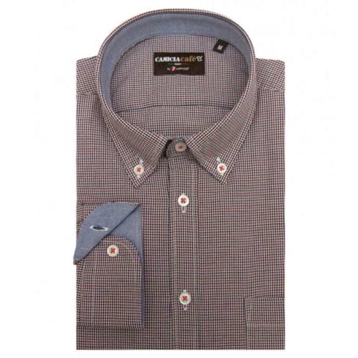 Camicia Uomo 1 Bottone Button Down Manica Corta Slim Cotone Poliestere Quadro Piccolo Bianco e Arancio