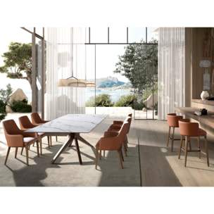 Mesa comedor extensible rectangular con tapa de mármol porcelánico blanco con vetas en tonalidades grises y detalles en óxido en acabado mate 160x100x76cm