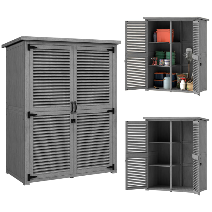 Caseta de Jardín de Madera, 127x65x168 cm, Cobertizo Jardín Exterior, Armario para Almacenaje Herramientas, con 2 Puertas de Persiana 2 Estantes Techo Impermeable para Patio Terraza, Gris