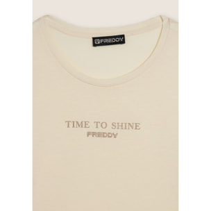 T-shirt donna a manica lunga con banda logata sulle spalle