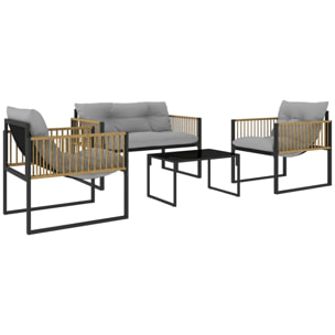 Conjunto de Jardín Exterior de Ratán Sintético de 4 Piezas Muebles de Jardín Exterior Incluye Sofá de 2 Plazas 2 Sillones 1 Mesa de Centro de Vidrio con Cojines Gris y Natural