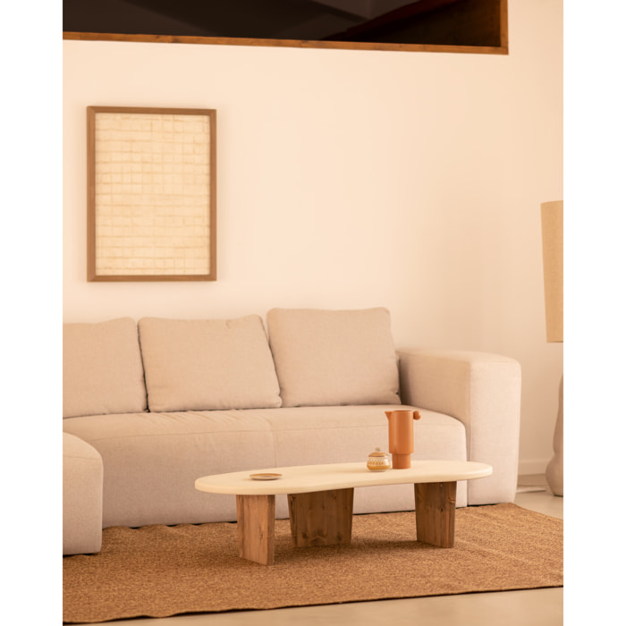 Mesa de centro de microcemento de formas orgánicas con tres patas de madera tono roble oscuro de 120cm Alto: 30 Largo: 120 Ancho: 59.4