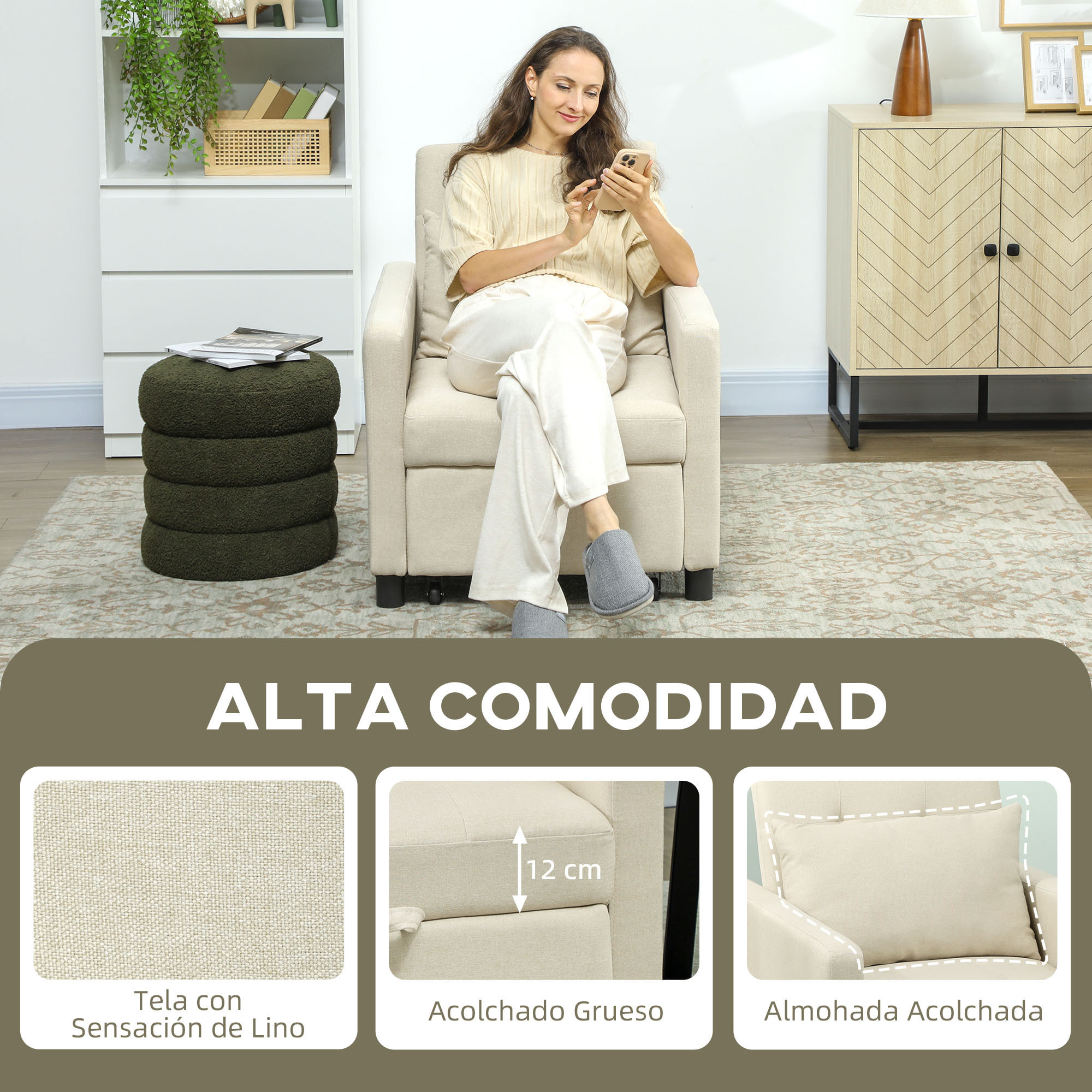 Sofá Cama de 1 Plaza 3 en 1, Sillón Cama Tapizado en Lino, con Respaldo Ajustable de 3 Niveles, Almohada Acolchada, para Oficina, Dormitorio, Salón, 69x82,5x84 cm, Beige