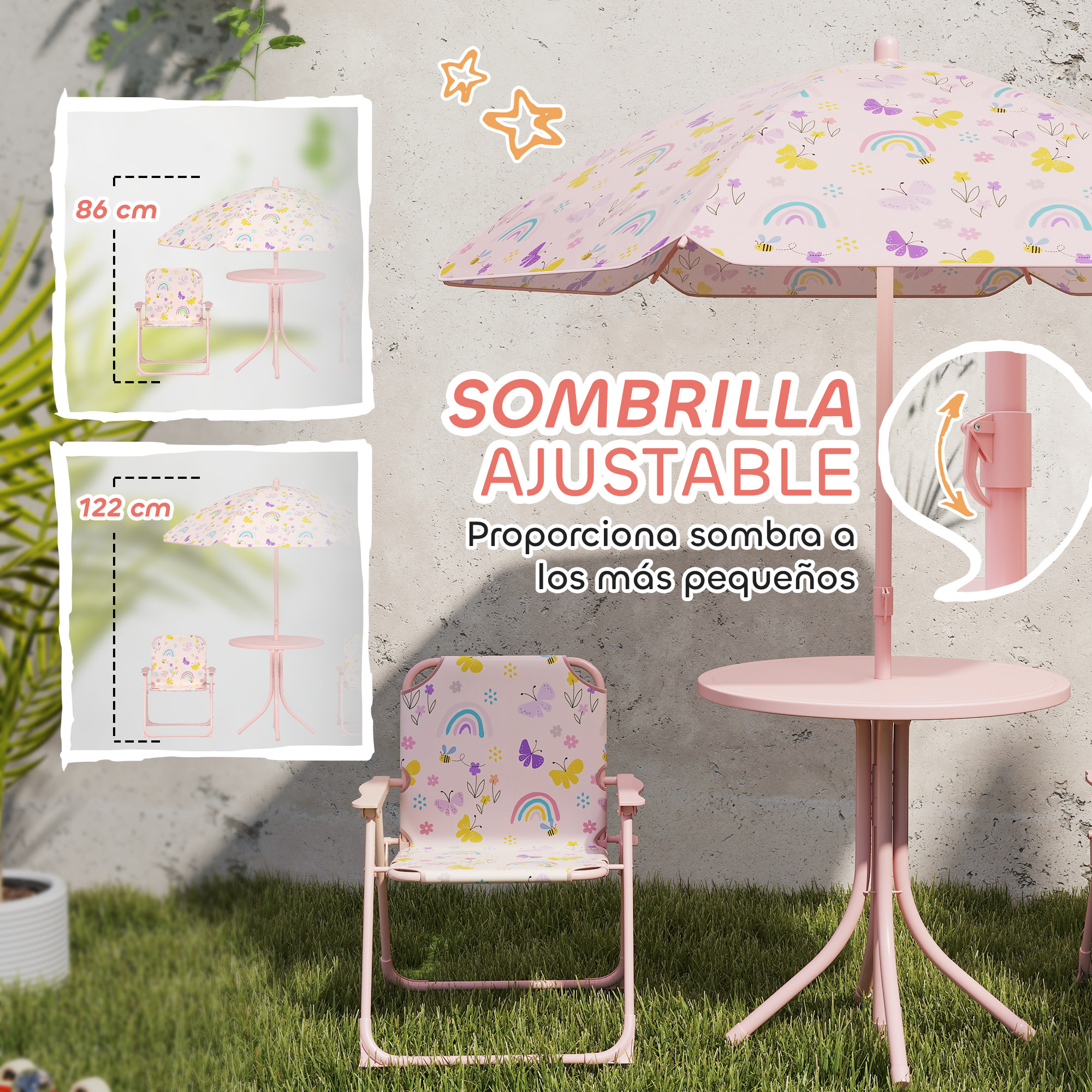 Conjunto de Mesa y Sillas Infantil de Jardín de 4 Piezas Mesa Infantil con Sillas Plegables Sombrilla Ajustable Diseño de Arcoíris para Patio Pícnic Rosa