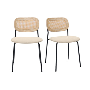 Chaises design en tissu effet velours texturé beige, métal noir et cannage rotin (lot de 2) MIRANDA