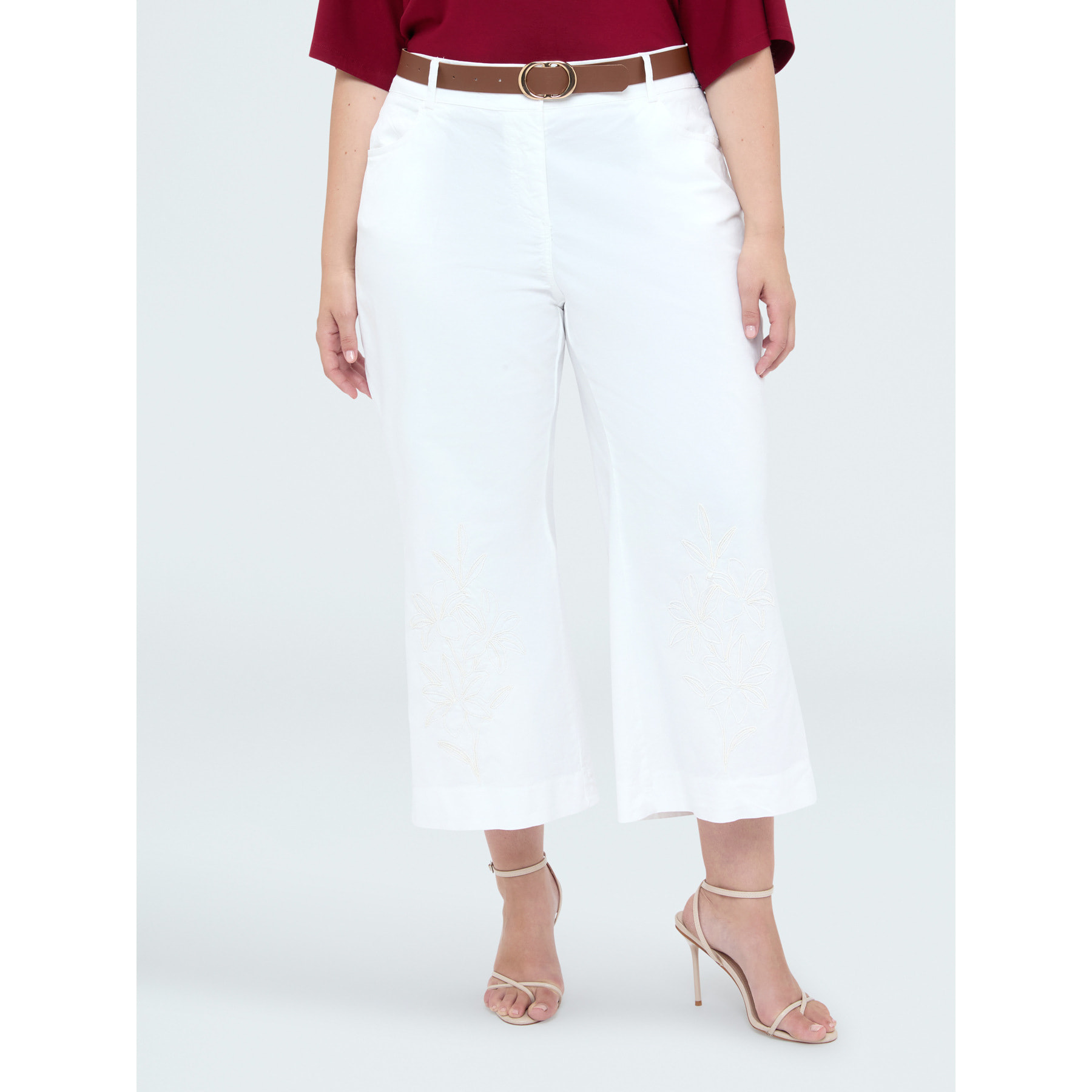Fiorella Rubino - Pantaloni cropped con ricami e cintura - Bianco
