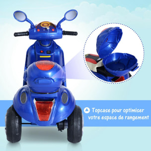 Moto scooter électrique pour enfants 6 V env. 3 Km/h 3 roues et topcase effet lumineux et sonore bleu