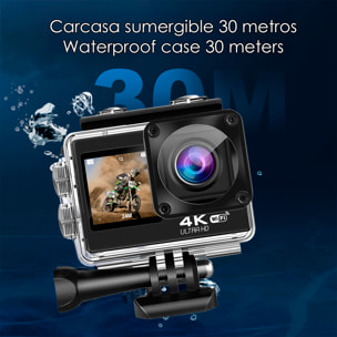 Cámara Deportiva AT-Q60AR de 4k 30fps con 16 mpx, doble pantalla de 2" y 1.3" con multitud de accesorios deportivos y WIFI.
