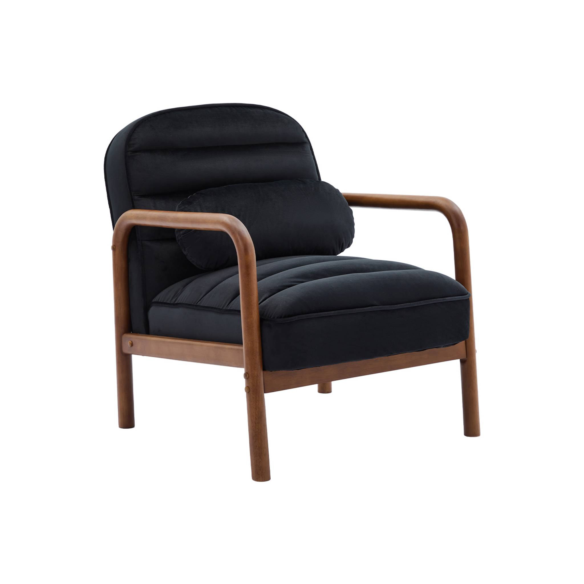 Fauteuil scandinave bois d'hévéa teinté noyer et tissu velours noir