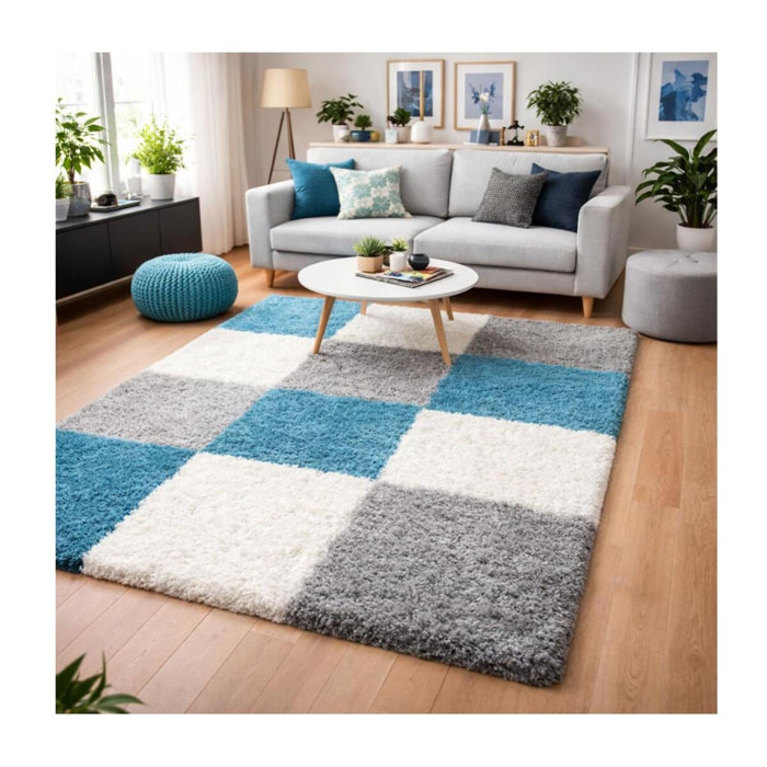 Tapis poils longs shaggy tissé motif damier JOJU