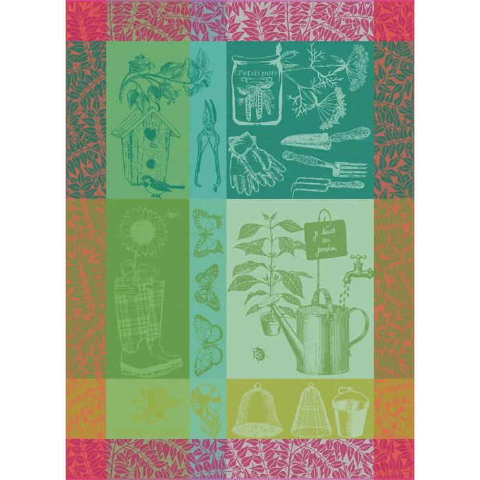 Torchon pur coton motif jacquard multicolore Mon petit jardin printemps