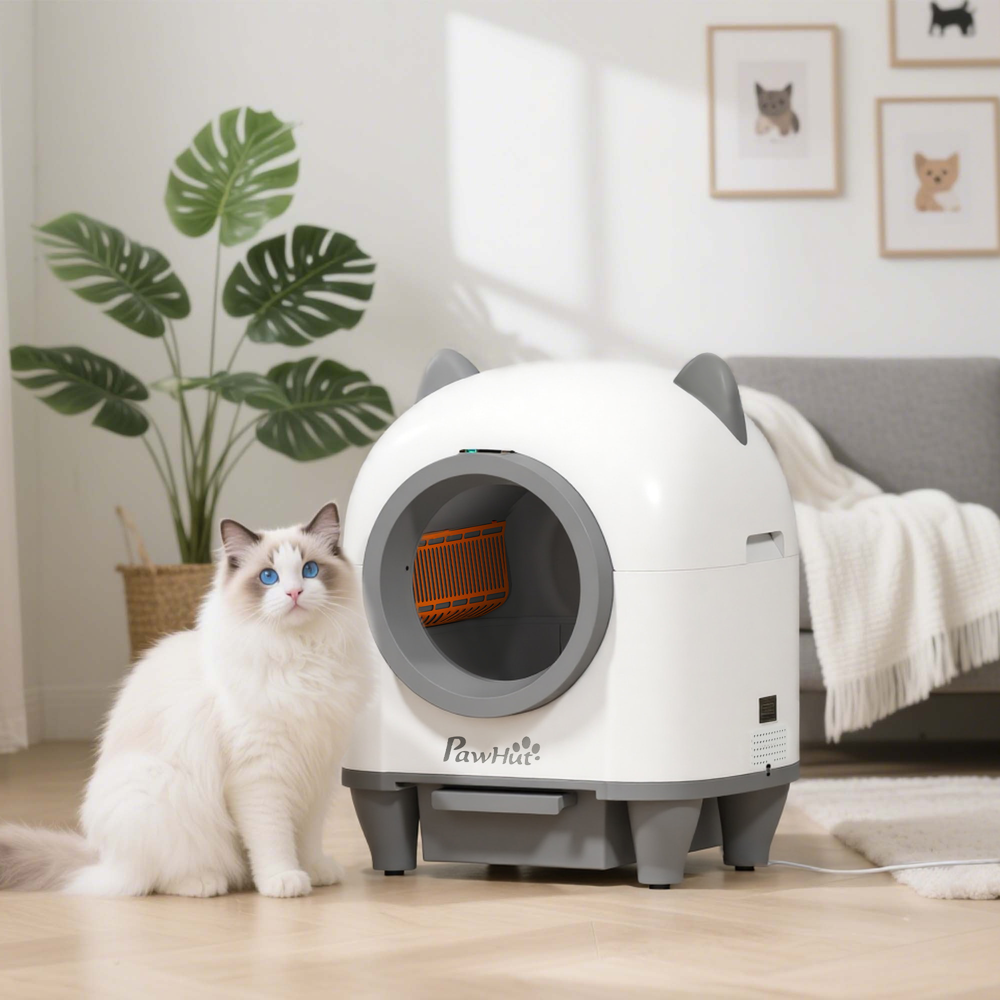Bac à litière autonettoyante pour chat - maison de toilette autonettoyante - 80L - blanc gris