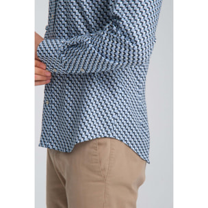 Camicia Uomo 1 Bottoni Button Down Slim Popeline Stretch Stampato Blu/Celeste