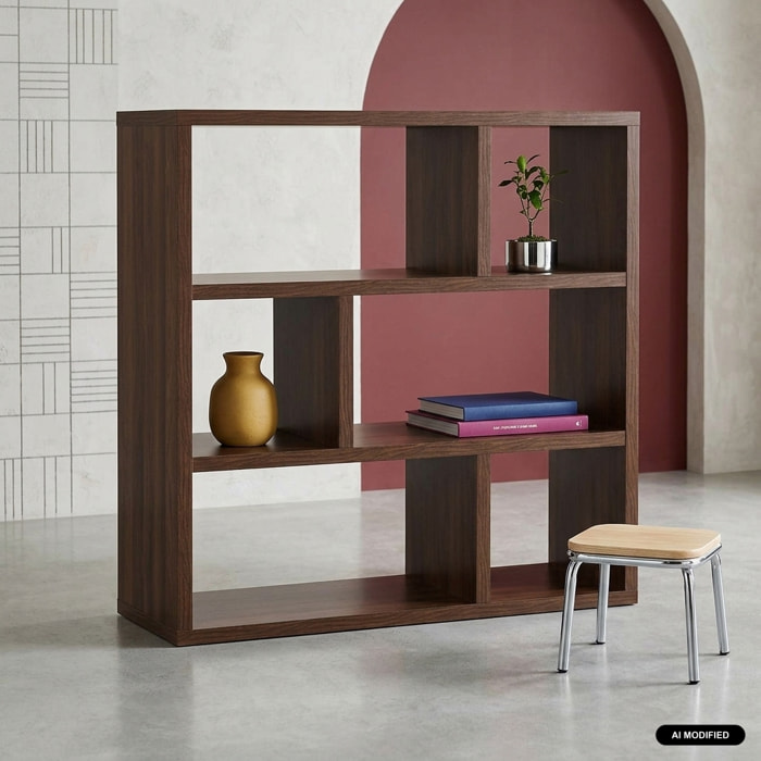 Etagère bibliothèque décor bois asymétrique 3 niveaux 6 compartiments BASIKS