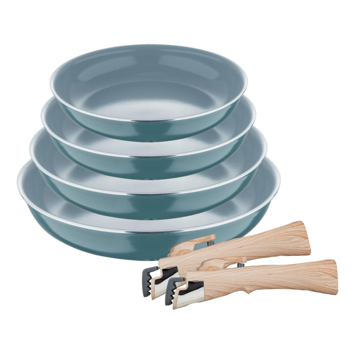 Set de 4 Sartenes Ø22Ø24Ø26Ø28cm en Aluminio prensado Verde + 2 Mangos extraíbles Click&Cook Bergner
