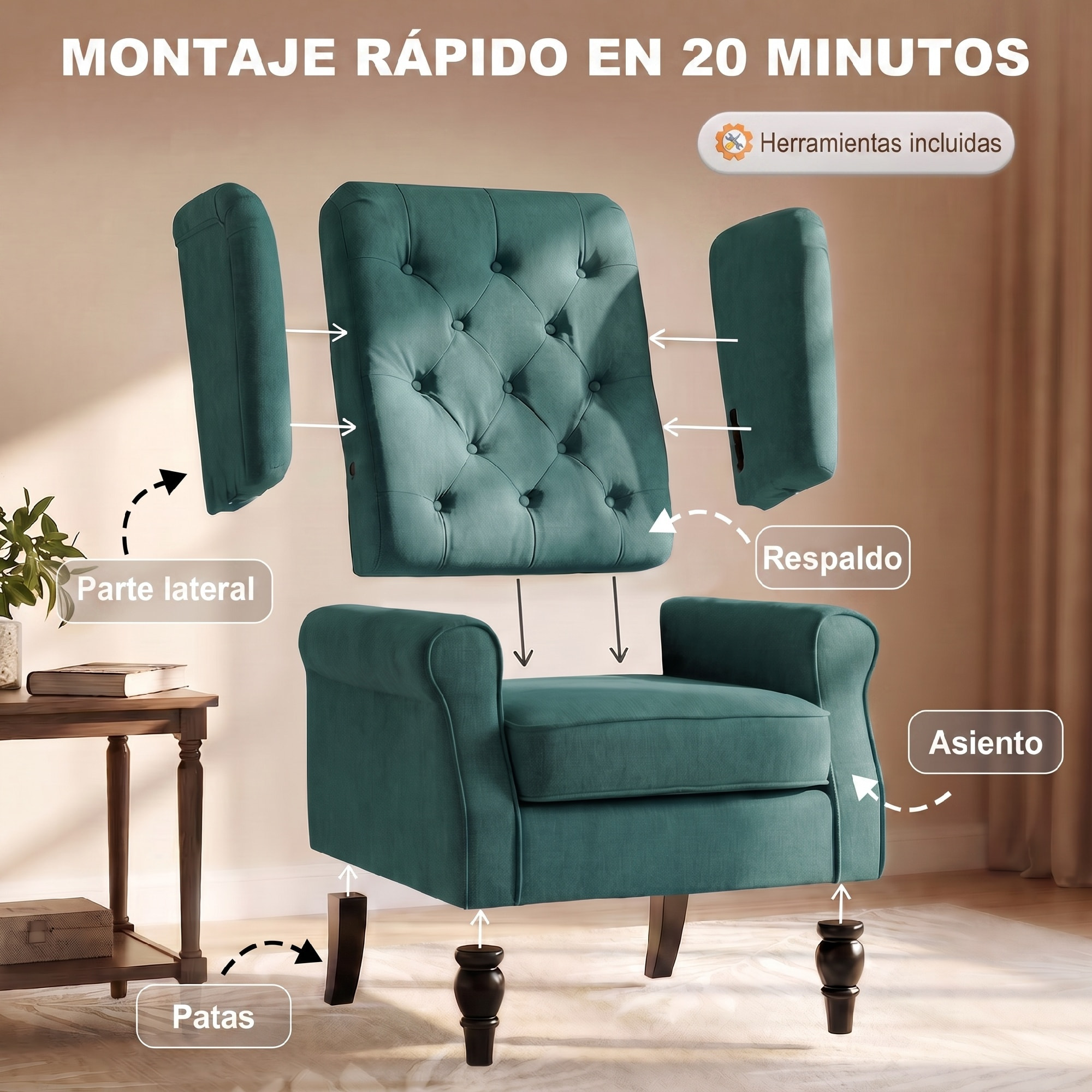 HOMCOM Sillón Orejero Moderno, Butaca de Salón con Reposabrazos y Patas de Madera, Sofá Individual Carga 160 kg para Oficina, Sala de Estar y Dormitorio, Verde Oscuro