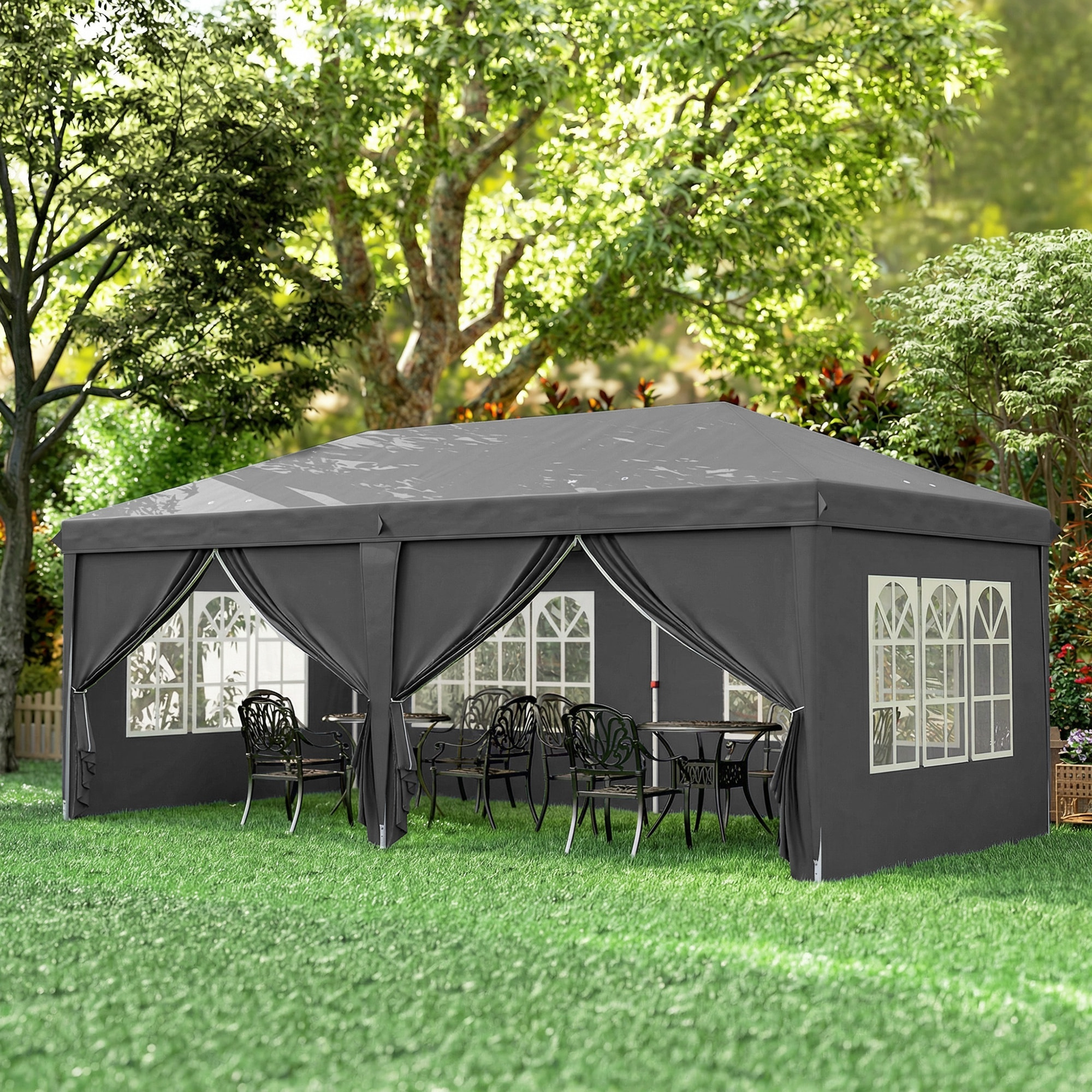 Tonnelle barnum pliant pop-up imperméabilisé 5,85L x 2,95l x 2,7H m 6 parois latérales amovibles 4 fenêtres + sac de transport anthracite