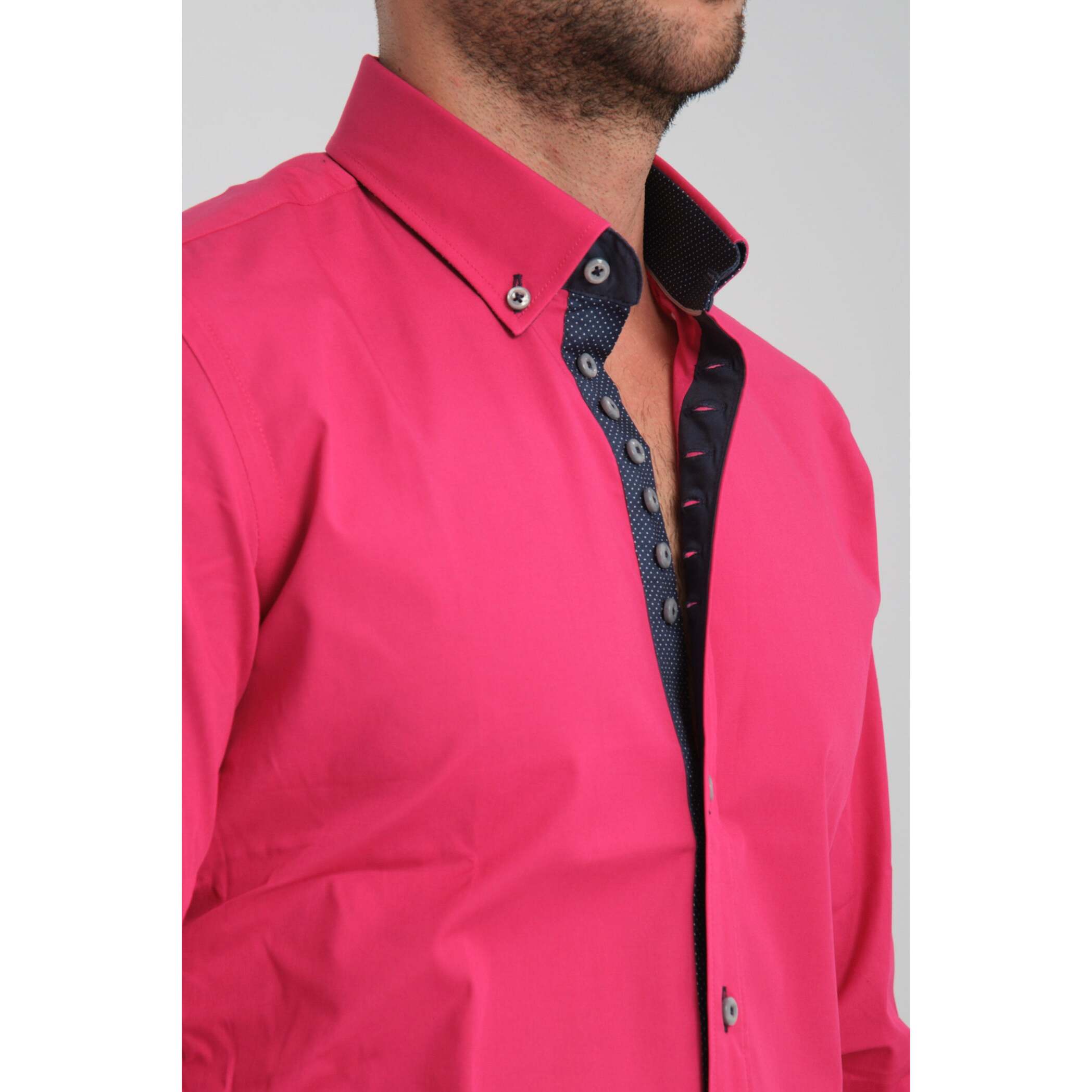 Camicia Uomo 1 Bottoni Button Down Slim Popeline Stretch Unito Fucsia