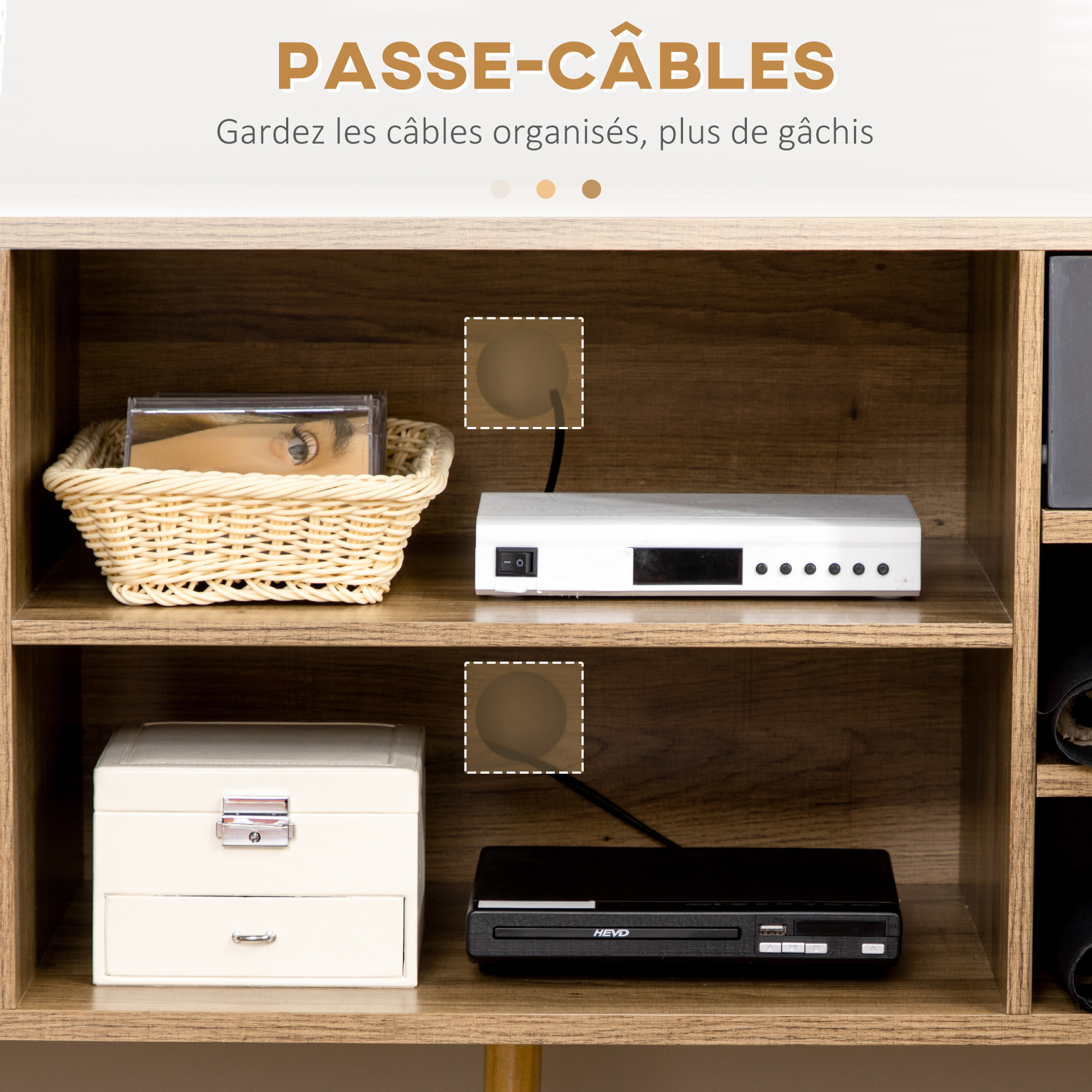 Meuble TV banc TV design industriel graphique - 4 tiroirs, 4 niches, porte - piètement épingle métal noir aspect bois