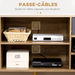 Meuble TV banc TV design industriel graphique - 4 tiroirs, 4 niches, porte - piètement épingle métal noir aspect bois