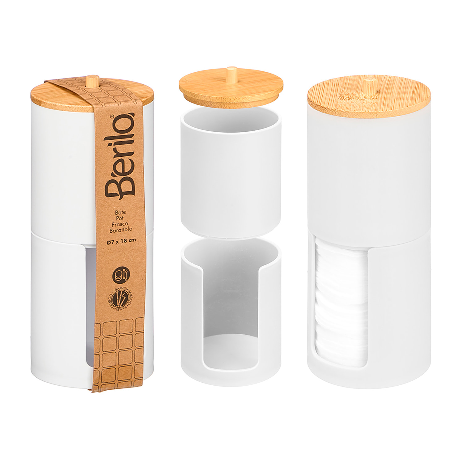 Confezione da 3 barattoli doppi bianchi in plastica con coperchio in bambù. 7x18 cm