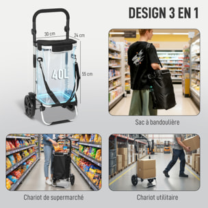 Chariot de courses pliable 3 en 1 sac à bandoulière 40L chariot transport poignée réglable compartiment isotherme alu noir