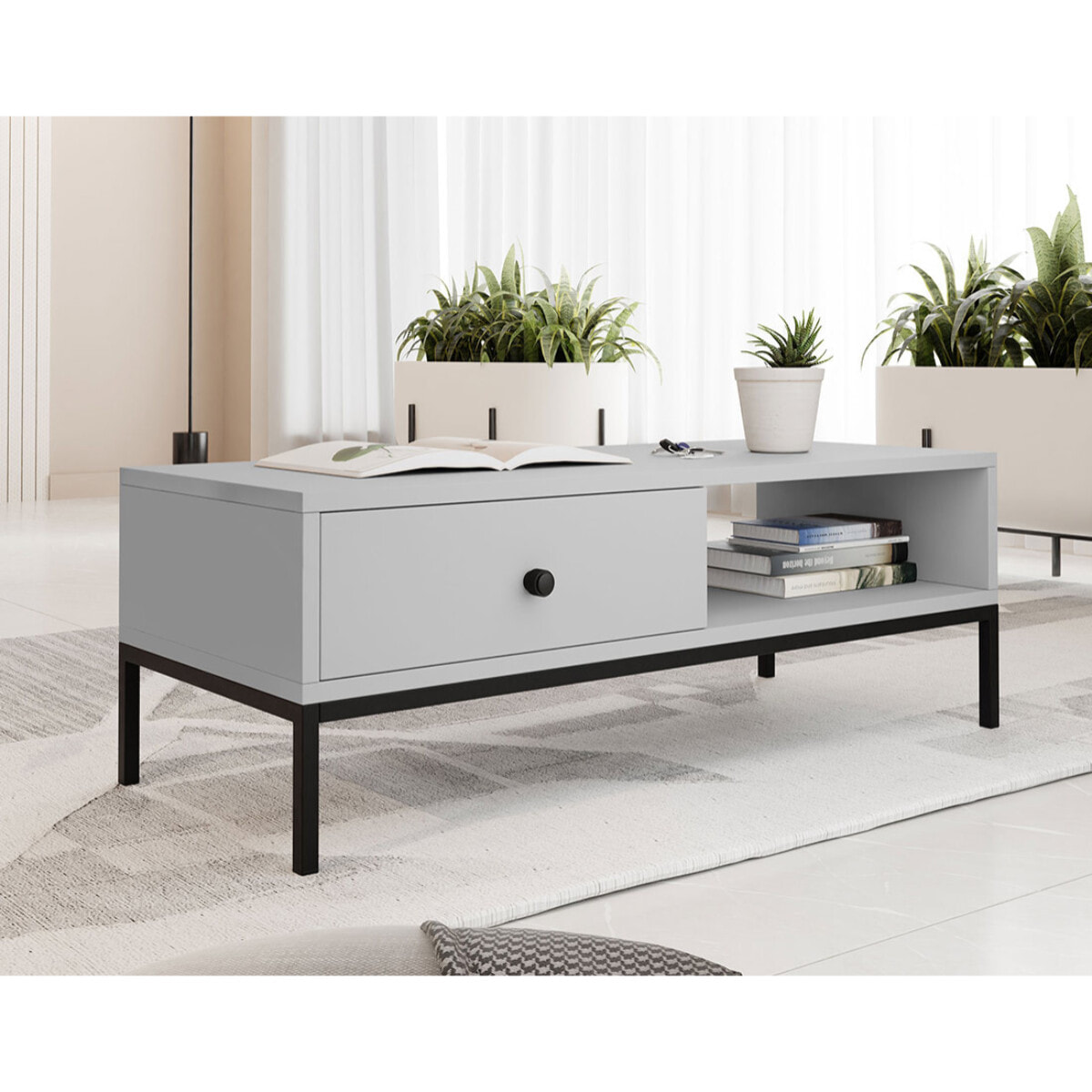 Filipo - table basse - 1 tiroir et 1 niche - 90 cm - Gris