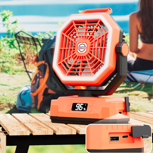 Ventilador P60 con motor sin escobillas, LED con 32 luces, 5 velocidades y 3 niveles de luz. Oscilación de 120º y ángulo ajustable de 90º. Con gancho para colgar y powerbank de 20000 mAh.