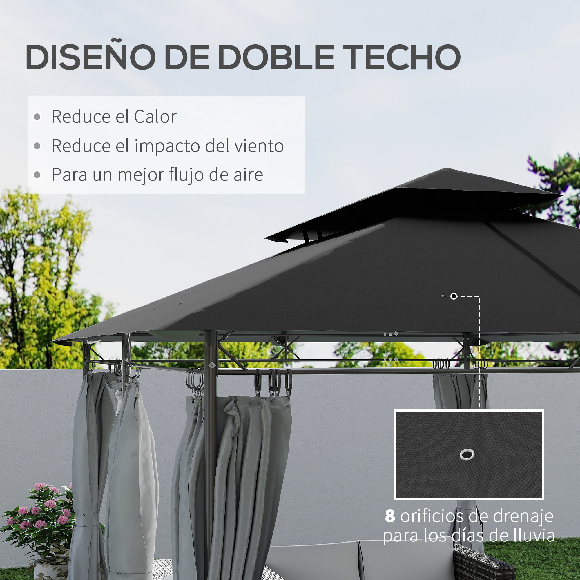 Cenador para Jardín 4x3 m Pérgola de Jardín Gazebo con Doble Techo Paredes Laterales Resistente al Agua Carpa para Exterior Terraza Patio Gris Oscuro