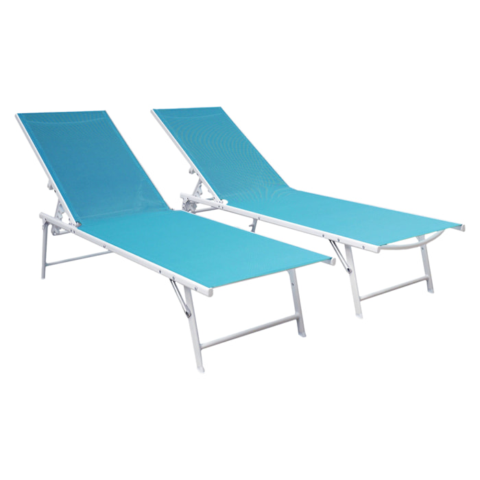Lot de 2 bains de soleil pliants SICILIA en textilène bleu - structure blanche