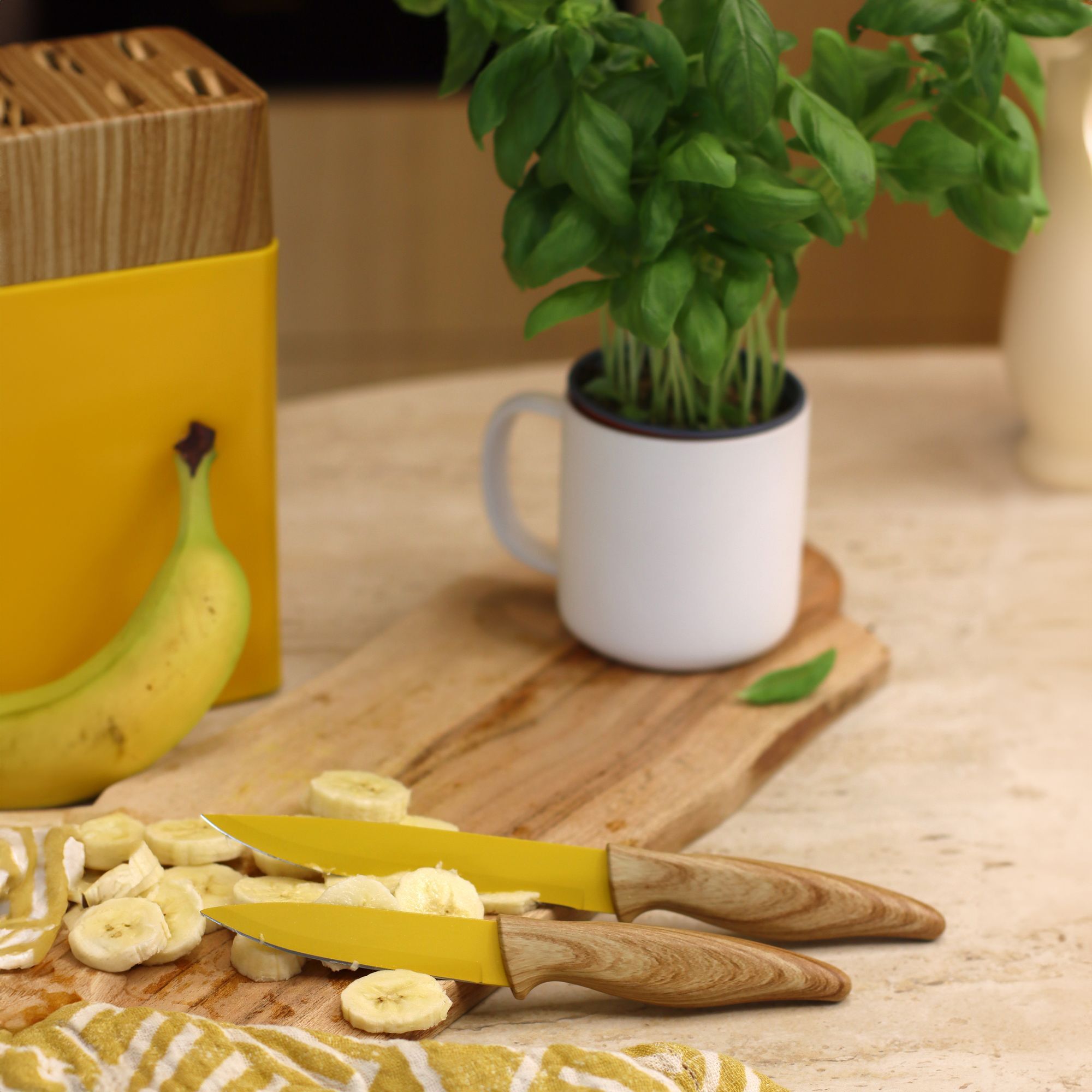 Bloc à couteaux 6 pièces jaune et effet bois  COLORAMA
