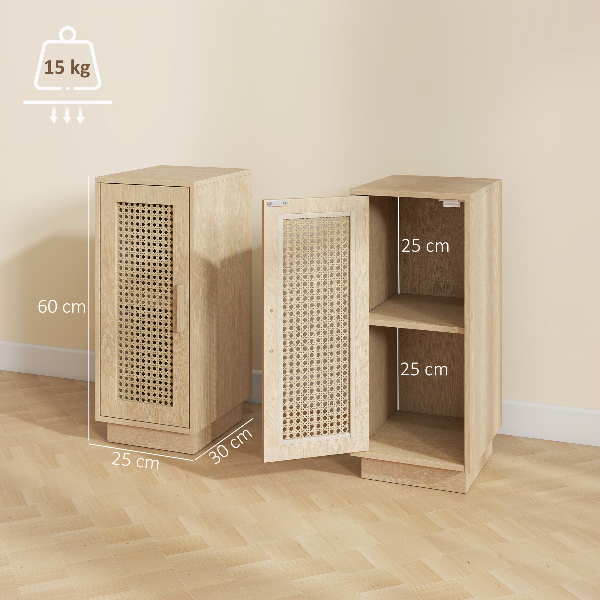 Conjunto de 2 Mesitas de Noche con Puerta de Ratán, Mesillas de Noche, Estilo Boho, con Estante Ajustable, Mesitas para Espacios Pequeños, Salón, Dormitorio, 25x30x60 cm, Madera Natural
