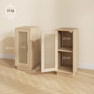 Conjunto de 2 Mesitas de Noche con Puerta de Ratán, Mesillas de Noche, Estilo Boho, con Estante Ajustable, Mesitas para Espacios Pequeños, Salón, Dormitorio, 25x30x60 cm, Madera Natural
